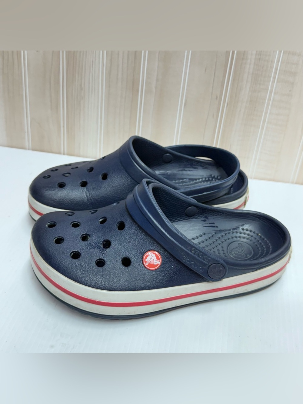 CROCS Kids Navy Clogs with Red Stripe
